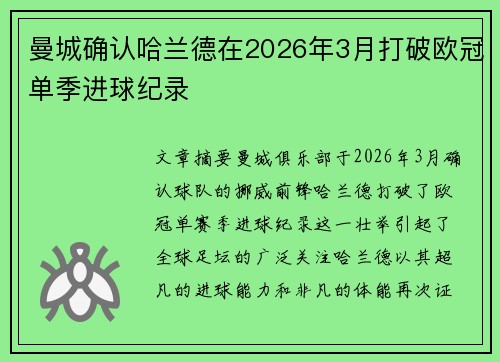 曼城确认哈兰德在2026年3月打破欧冠单季进球纪录